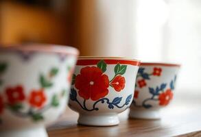 three cups with flowers painted on them sitting on a table photo