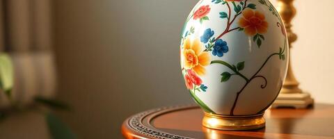 A vase with a colorful design on it sitting on a table photo