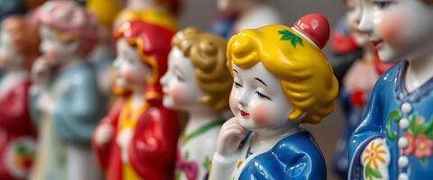 row of ceramic figurines of different colors and sizes photo