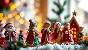 group of christmas figurines sitting on top of a table photo