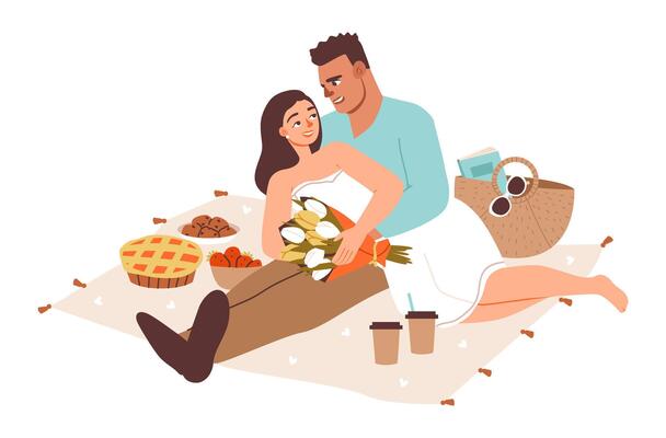 Couple enjoying a cozy summer picnic. Romantic atmosphere and alfresco vibes. Picnic moment with a happy couple outdoors. Flat illustration.