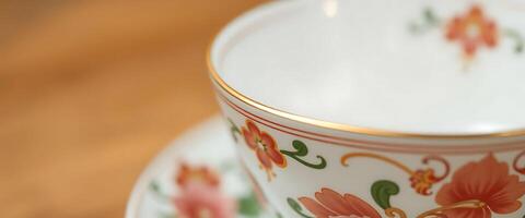 A close up of a cup and saucer with a floral design photo