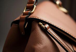 close up of a brown purse on a table photo
