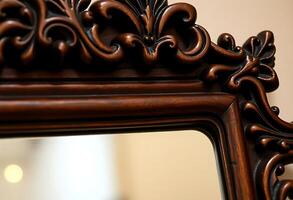 mirror with a wooden frame and a decorative design photo