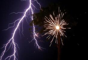 Fireworks and lightning strike a tree photo