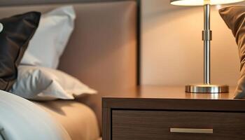 nightstand with a lamp on top of it next to a bed photo