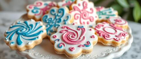 white plate topped with decorated cookies on top of a table photo