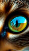 close up of a cat's eye with a palm tree in the reflection photo