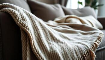 blanket sitting on top of a couch next to a window photo