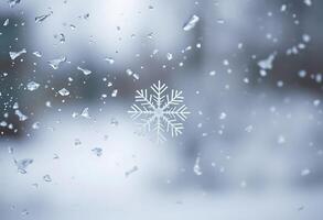 snowflake is seen through a window on a snowy day photo