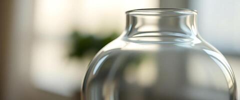 A glass bottle with a green plant in the background photo