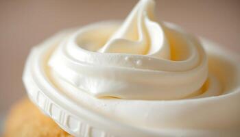 A close up of a frosted cupcake with a white icing photo