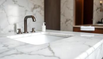 A marble counter top with a sink and faucet photo