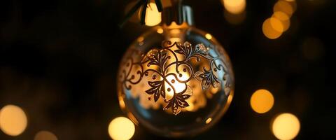 glass ornament hanging from a string of lights photo