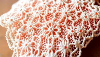 close up of a lace doily on a table photo