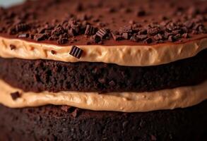 chocolate cake with peanut butter frosting and chocolate chips photo