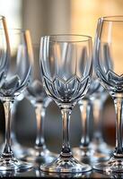 A row of empty wine glasses on a table photo