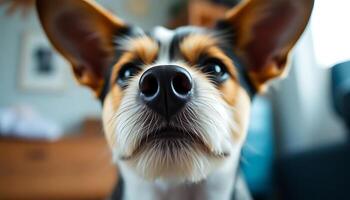 A close up of a dog's face looking up photo