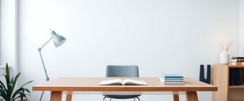 wooden table with a book on top of it photo