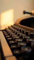 An old typewriter is shown in front of a window photo