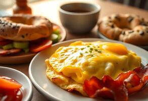 breakfast of eggs, tomatoes, and bagels on a table photo