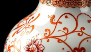 A close up of a vase with a red and white design photo