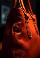 An orange leather handbag sitting on a table photo