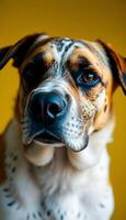 close up of a dog's face with a yellow background photo