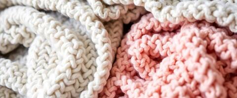 close up of a knitted blanket with pink and white colors photo