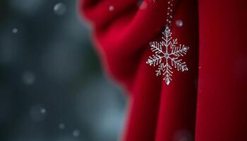 snowflake hanging from the side of a red curtain photo