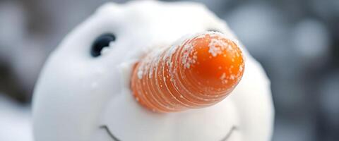 A close up of a snowman with an orange nose photo