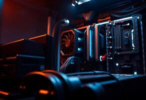 A computer case with a red light shining on it photo