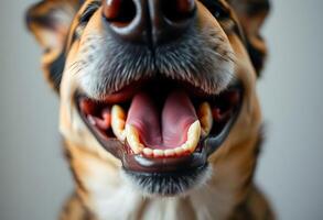 A close up of a dog's mouth with its mouth open photo