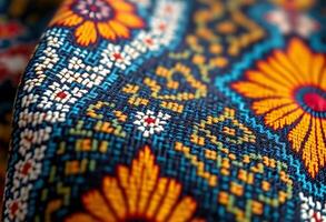 Close up of colorful fabric with a floral pattern photo