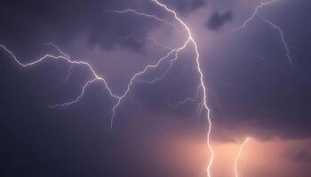 Lightning strikes over a dark sky with a few clouds in the background photo