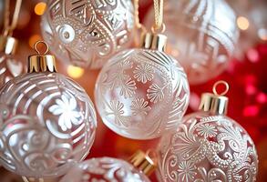 Many white and silver ornaments are hanging from a string photo