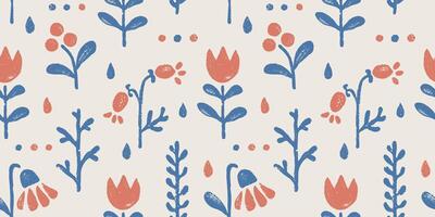 Vintage floral seamless pattern in scandinavian style. Retro seamless pattern with grunge flowers and berries vector