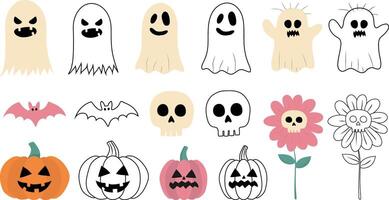 halloween set with cute ghosts, pumpkins, bats, skulls and spooky flowers in color and outline, perfect for kids crafts, stickers, prints and patterns vector
