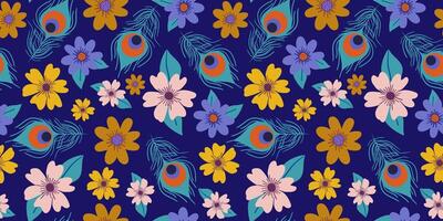 abstract seamless pattern with colorful flowers and peacock feathers on dark blue background Krishna Janmashtami vector