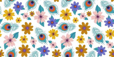 abstract seamless pattern with colorful flowers and peacock feathers on white background Krishna Janmashtami wallpaper web design textile vector