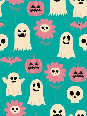 white ghost pink pumpkin skull bat flower seamless pattern teal background halloween design repeat festive textile