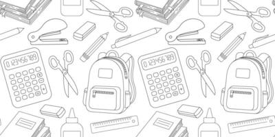 seamless school supplies pattern in black outline on white background, education design with backpacks, calculators, scissors, pencils and notebooks vector