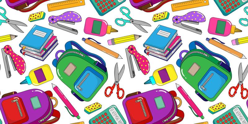 seamless pattern with colorful school supplies on white background, hand drawn stationery elements including backpack, scissors, books, glue, ruler, pen, pencil
