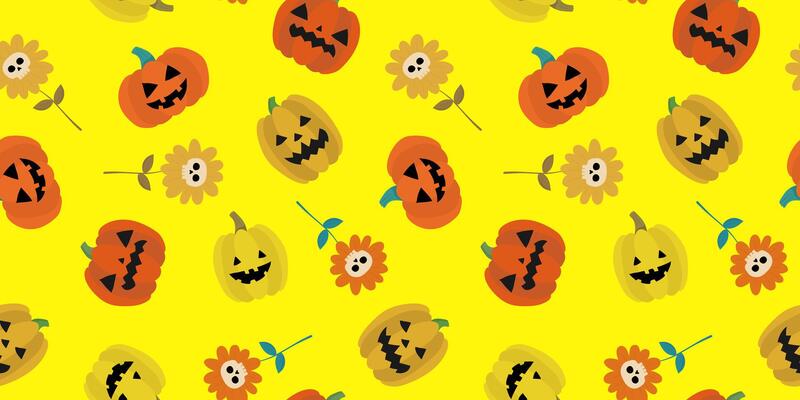 bright halloween seamless pattern yellow background jack o lantern pumpkins skull flowers fun festive holiday digital web design