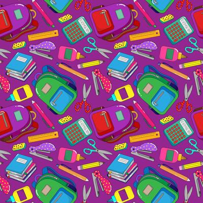 abstract seamless school supplies pattern purple background education learning wallpaper gift wrap textile digital illustration design