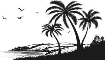 silhouette of palm trees on the beach with birds flying over the water vector