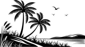 a black and white drawing of palm trees and a beach vector