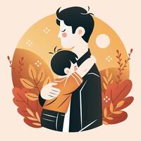 A man hugging his son in front of a fall background vector