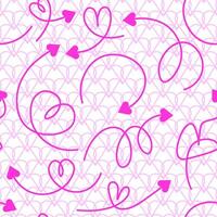 Seamless pattern of pink hand drawn arrows swirling into a heart shape on a background of hearts vector