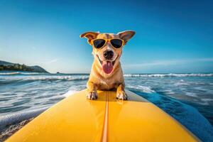 Dog surfing on beach with sunglasses summer vacation fun photo